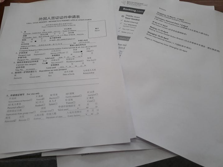 Documents for Chinese visa application